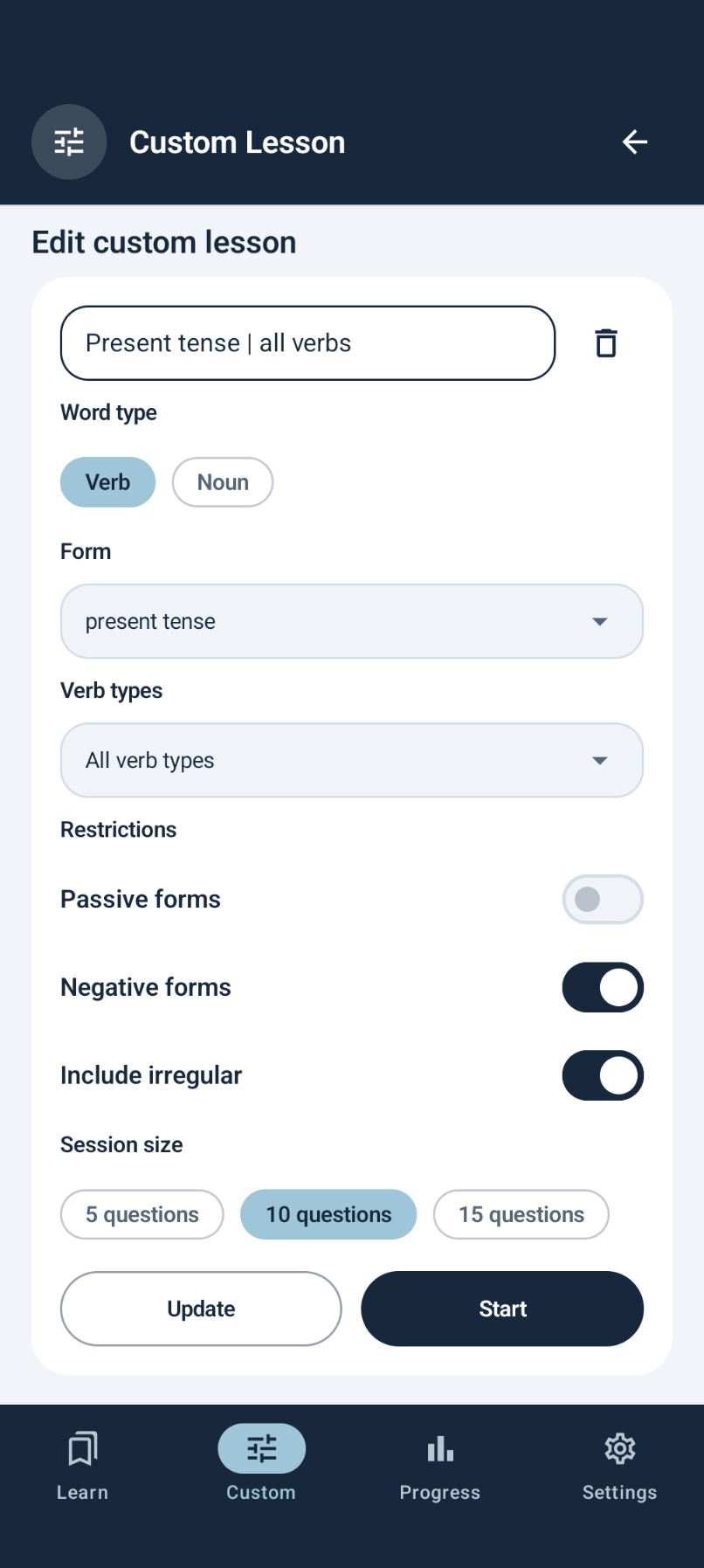 Finnish Conjugator custom lesson editor with word type, form, restrictions, and session size controls.