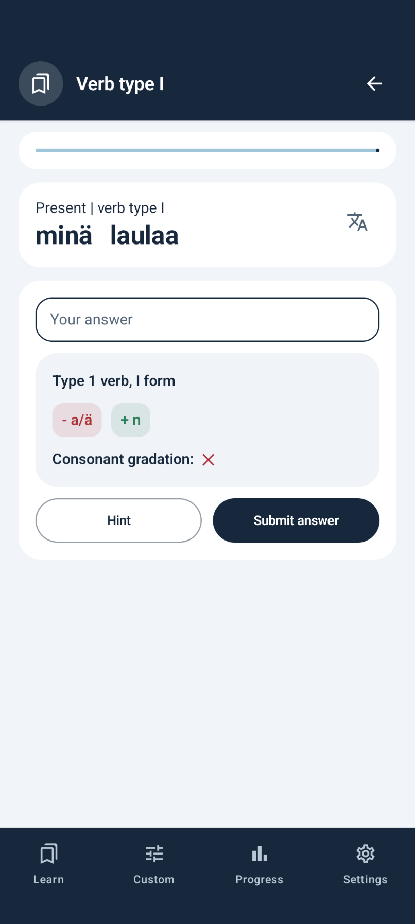 Finnish Conjugator practice screen showing a Finnish verb prompt, answer field, hint button, and form guidance.