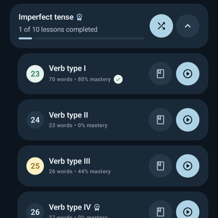Finnish Conjugator learning path showing verb type lessons with progress and practice actions.