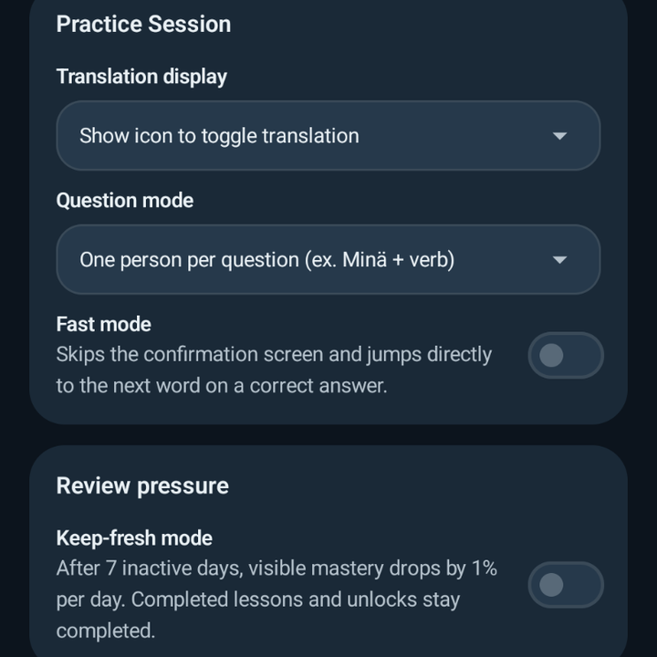 Finnish Conjugator practice settings showing fast mode and review pressure options.