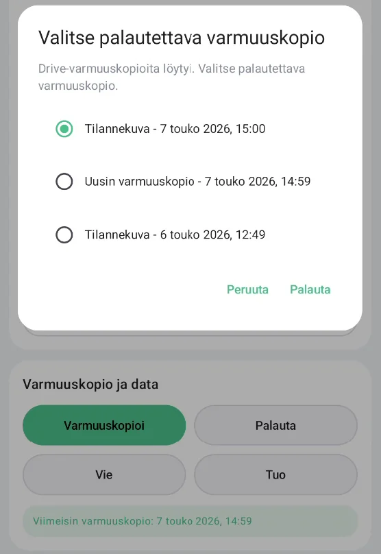 Joi Calendar backup and data screen with a restore backup dialog listing available Google Drive backups.