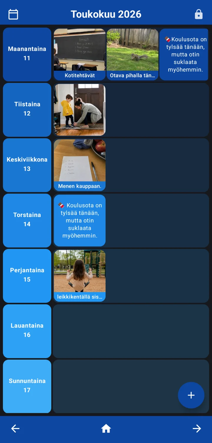 Joi Calendar Android month view showing visual entries arranged by weekday with calendar navigation controls.