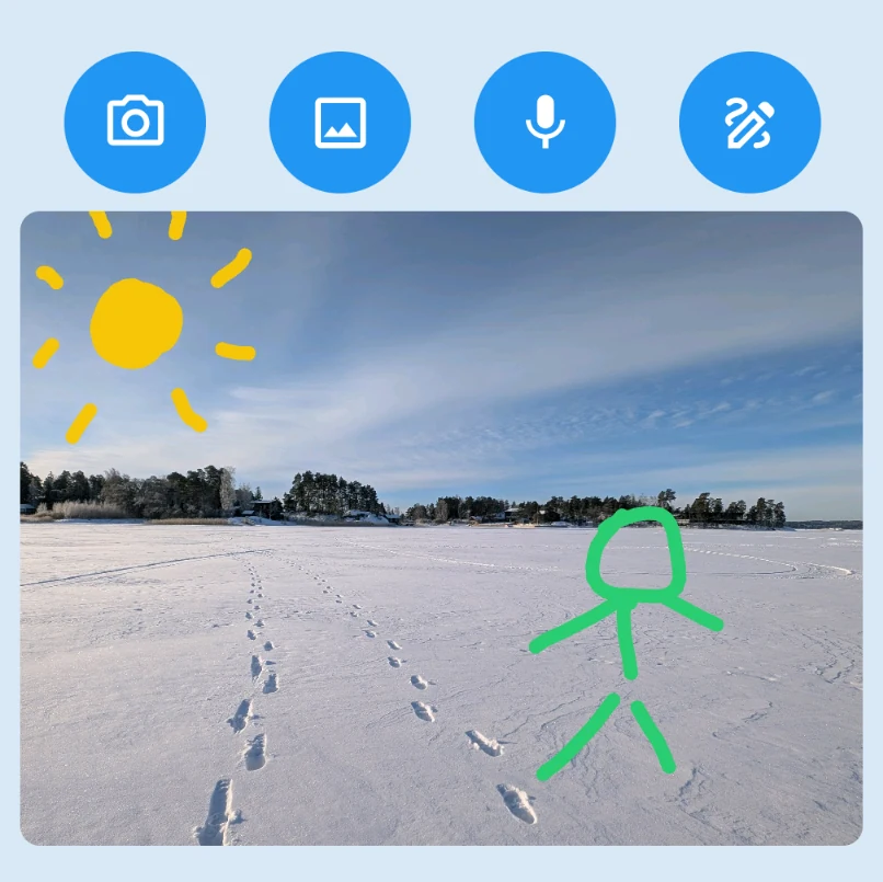 Joi Calendar rich content screen showing a photo with drawing tools and a drawn sun and person.