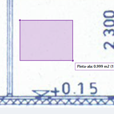 Rectangular area selection on a floor plan with the calculated square meter result.