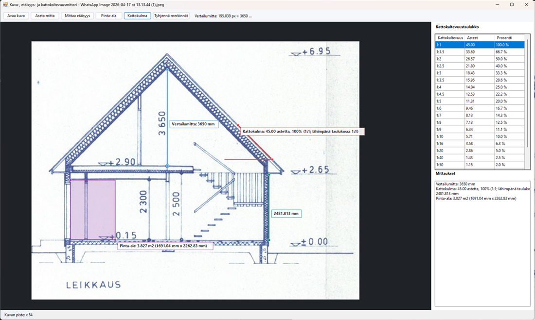 Pikku Mitta window with drawing measurements, roof pitch table, and measurement list visible.