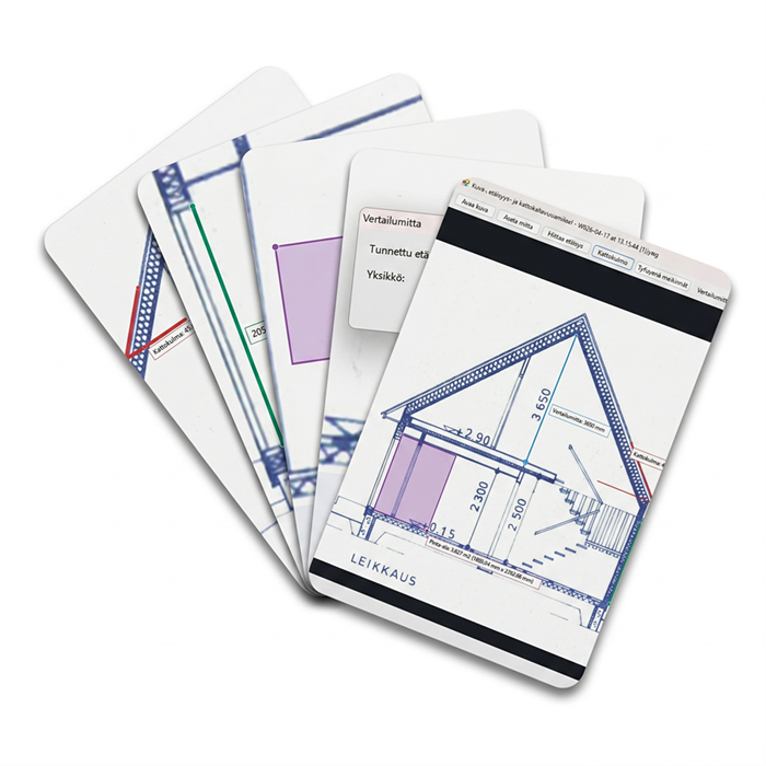 Layered plan pages showing multiple measurement views for larger PDF review.