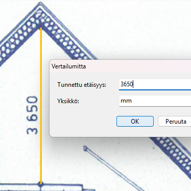Reference scale dialog over a roof drawing with a calibrated vertical line.