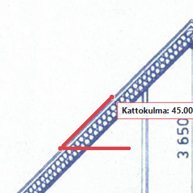 Roof angle measurement drawn on a roof section with a 45 degree result.