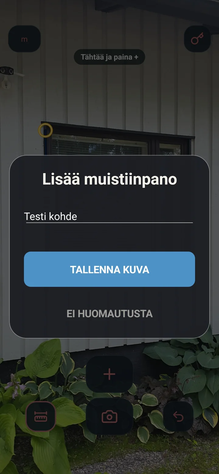 Pikku Mitta AR note dialog before saving an annotated site photo.