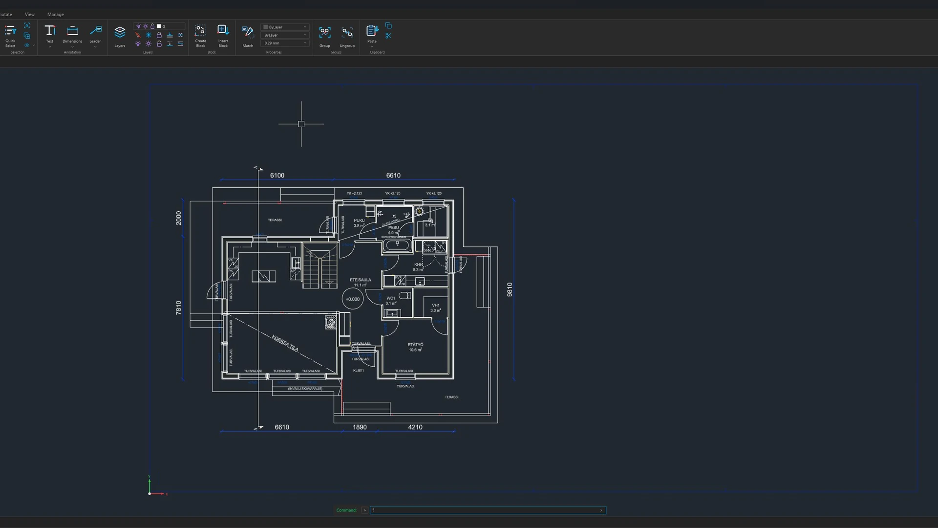 Pikku Mitta CAD with a dimensioned floor plan and drawing tools.