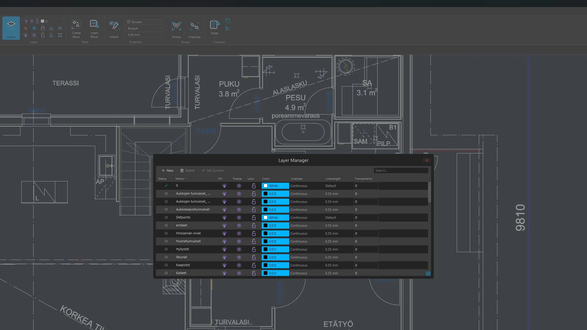 Pikku Mitta CAD layer manager alongside a technical drawing.