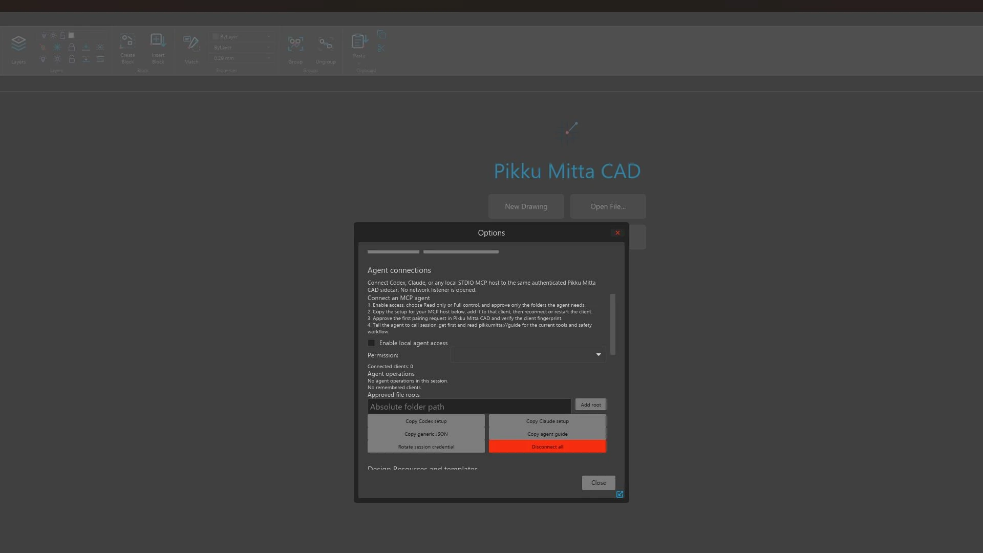 Local MCP agent connection setup in Pikku Mitta CAD.