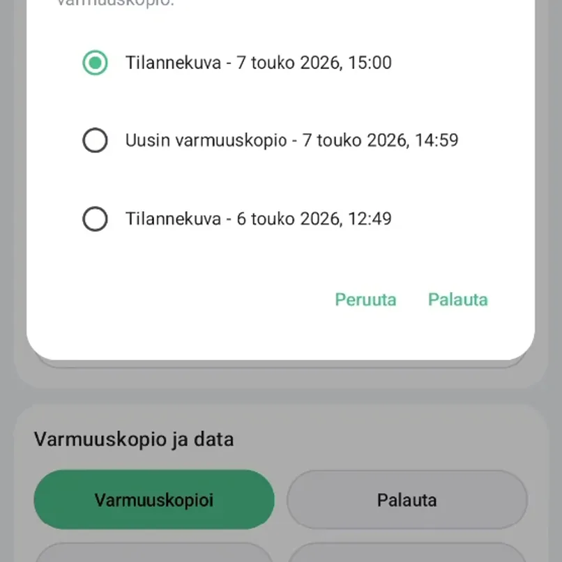 Backup and data screen with a restore backup dialog listing available Google Drive backups.