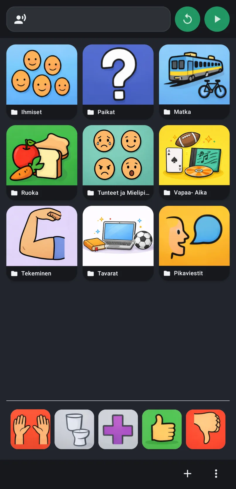 Minun ÄÄNI main board with large speech buttons, folders, quick messages, typed text, and speak controls.