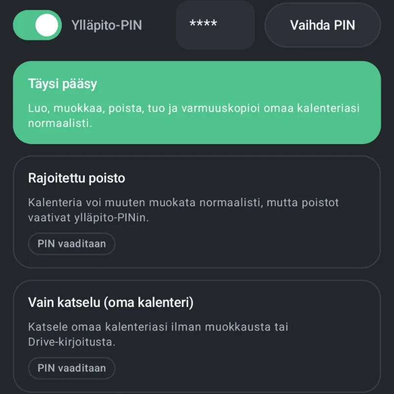 Protected settings screen showing administrator PIN access and restricted actions.