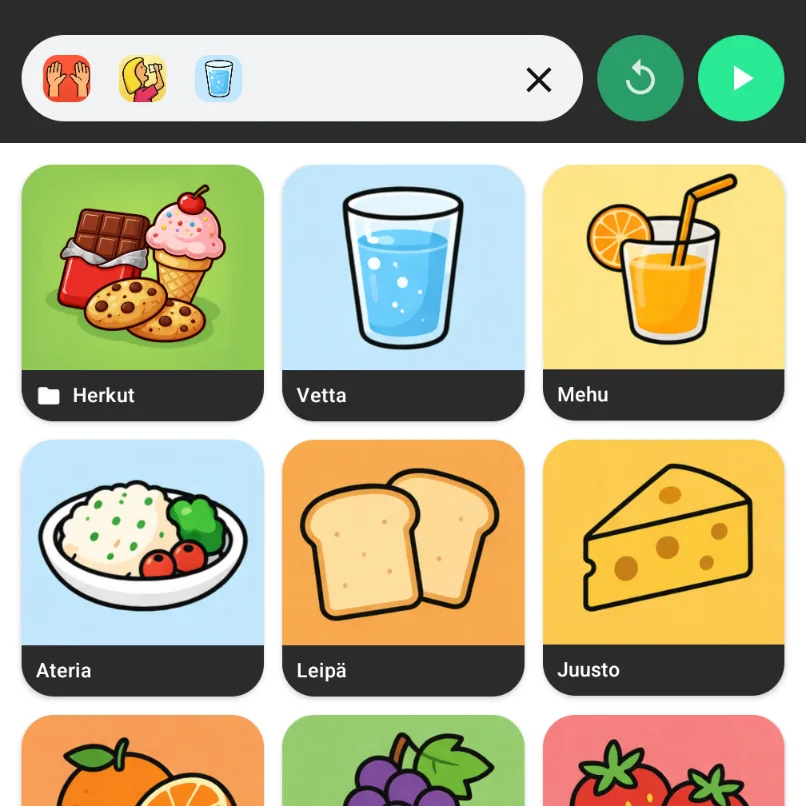 Minun ÄÄNI sentence builder showing selected quick-message icons and a food folder grid before speaking.