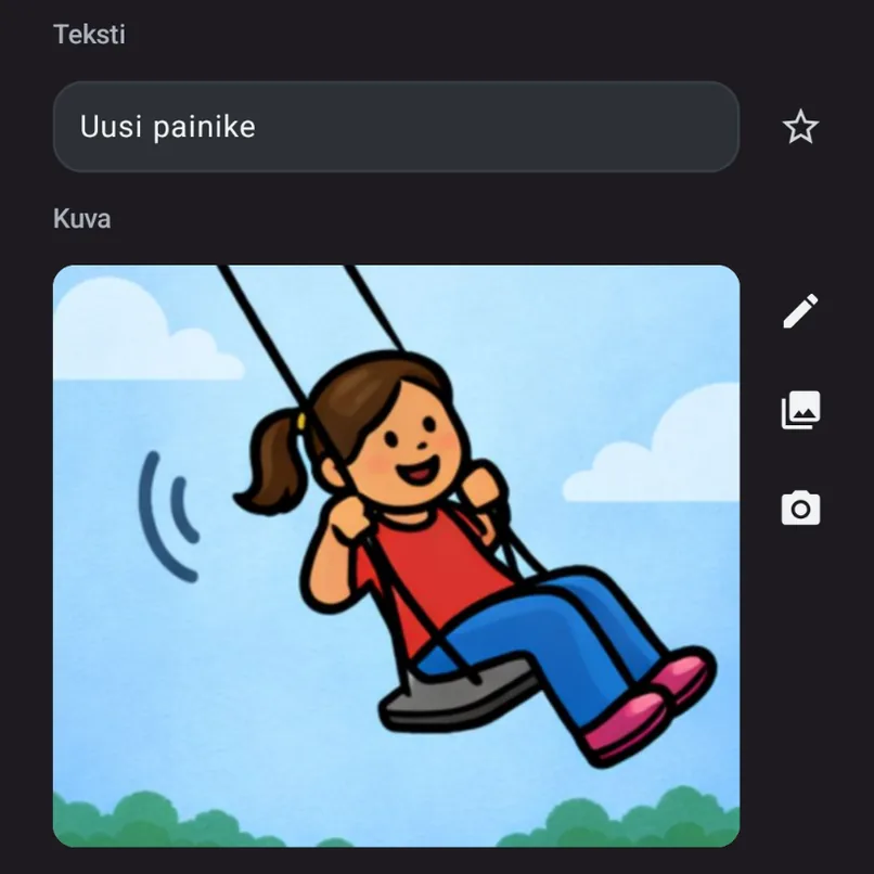 Minun ÄÄNI edit button screen showing a new speech button label and a picture of a child on a swing.