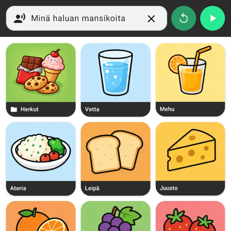 Minun ÄÄNI type and speak view showing a typed Finnish sentence above food buttons.